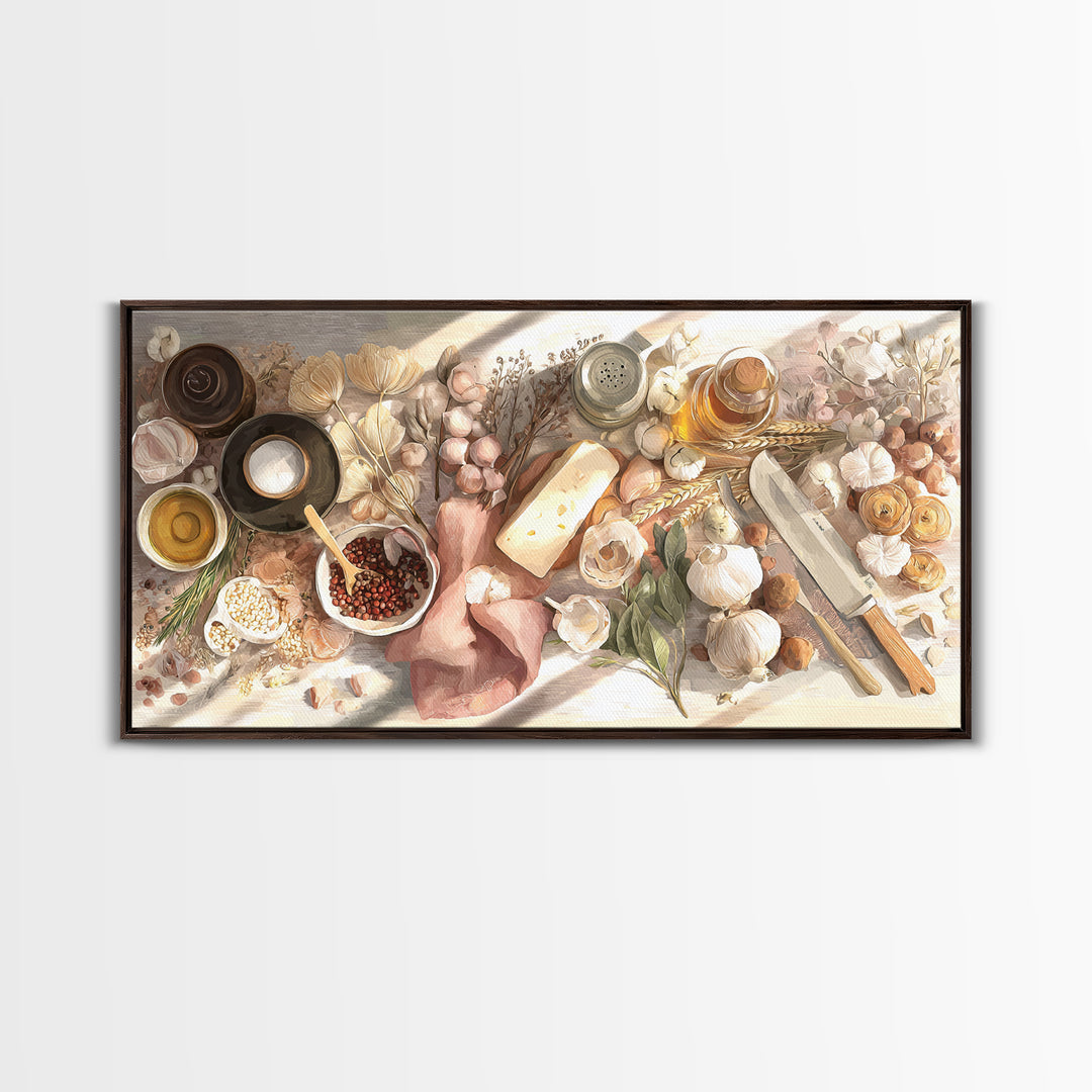 Chef Knives and Herbs Arranged as Graphic Canvas Print, Kitchen Art, Contemporary Art, Kitchen Decor, Fine Art, Kitchen, KIT-2x1-54