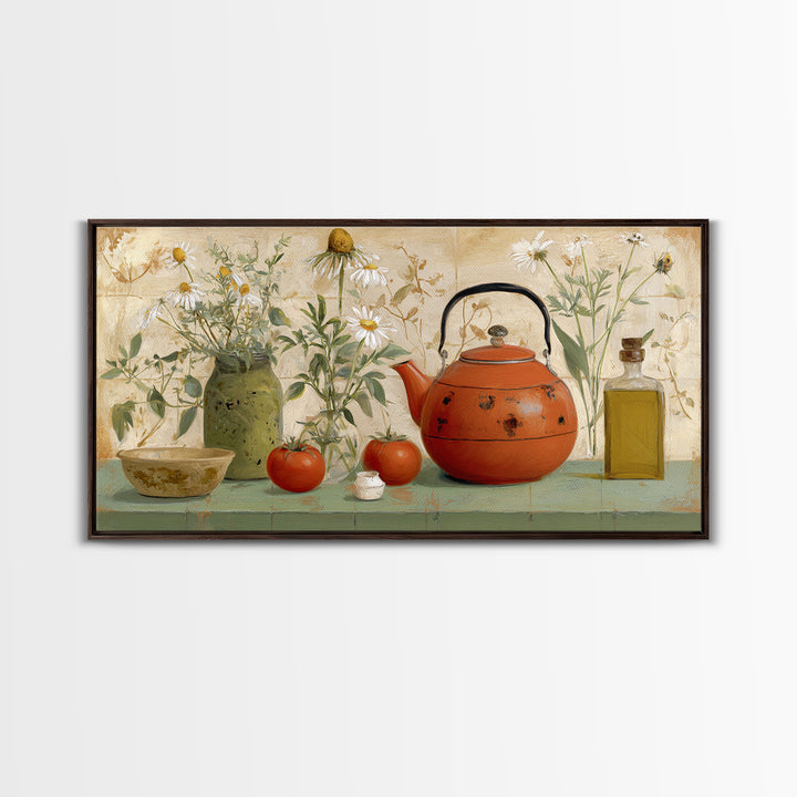 Tea Kettle with Steam and Wildflowers Canvas Print, Kitchen Art, Wall Art, Kitchen Decor, Watercolor Art, Kitchen, KIT-2x1-58