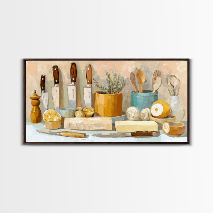 Chef Knives and Herbs Arranged as Graphic Framed Canvas Print, Kitchen Art, Luxury Decor, Kitchen Decor, Fine Art, Kitchen, KIT-2x1-6