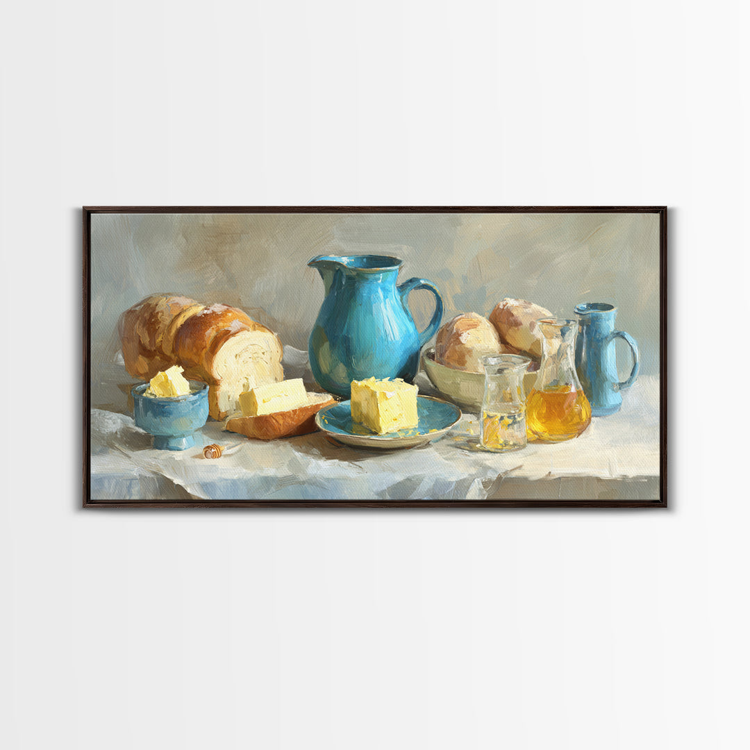 Fresh Bread with Butter and Honey Canvas Print, Kitchen Art, Room Decor, Kitchen Decor, Oil Painting, Kitchen, Digital Art, KIT-2x1-62