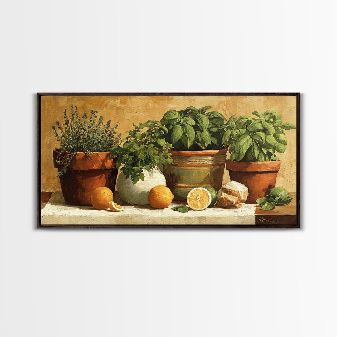 Fresh Herbs in Terracotta Pots Canvas Print, Kitchen Art, Kitchen Decor, Kitchen, Trendy Wall Art, Dining Room Wall Art, KIT-2x1-69