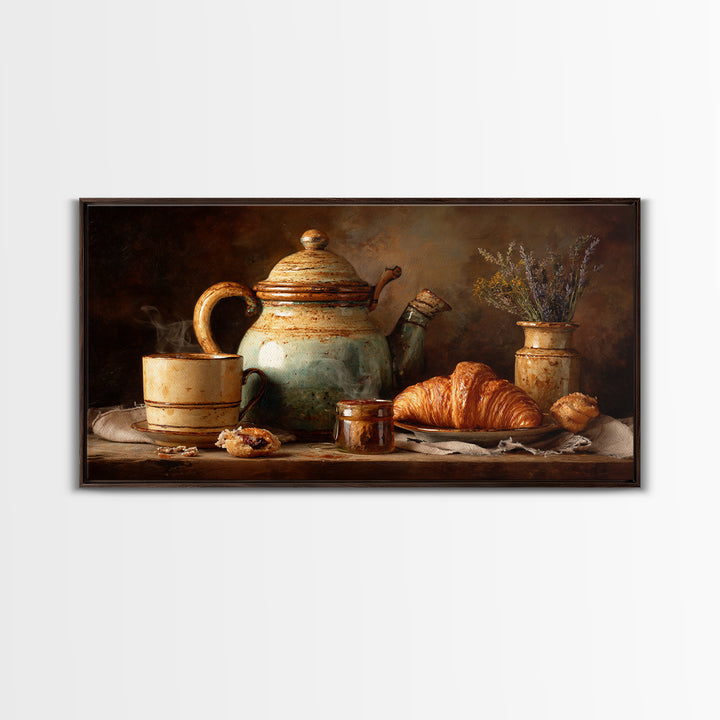 Coffee Pot and Croissant Morning Still Life Framed Canvas Print, Kitchen Art, Boho Decor, Kitchen Decor, Fine Art, Kitchen, KIT-2x1-75