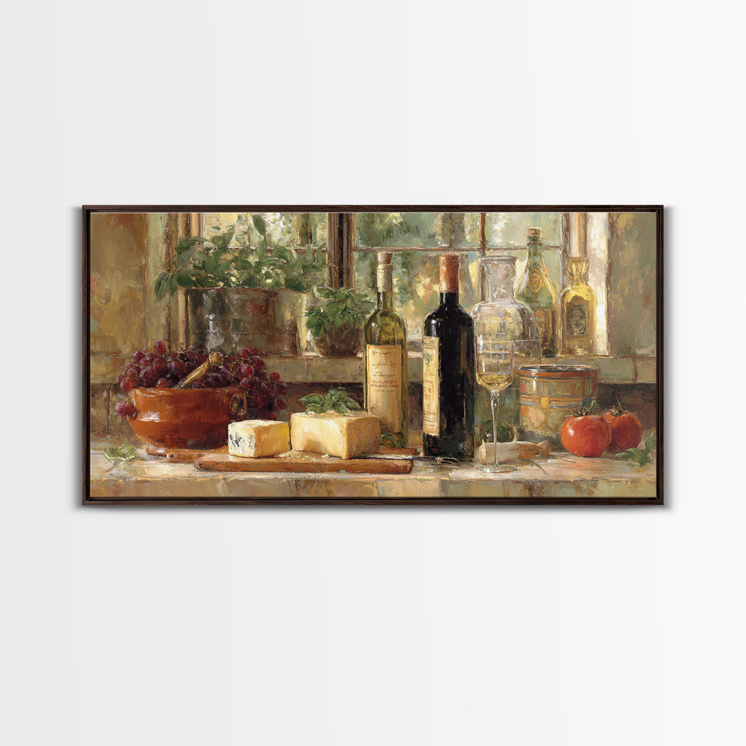 Wine Bottle Grapes and Cheese Still Life Framed Canvas Print, Kitchen Art, Kitchen Decor, Fine Art, Kitchen, Kitchen Art Print, KIT-2x1-80