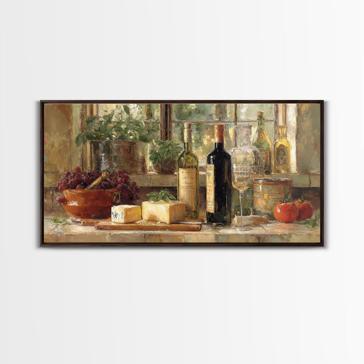 Wine Bottle Grapes and Cheese Still Life Framed Canvas Print, Kitchen Art, Kitchen Decor, Fine Art, Kitchen, Kitchen Art Print, KIT-2x1-80