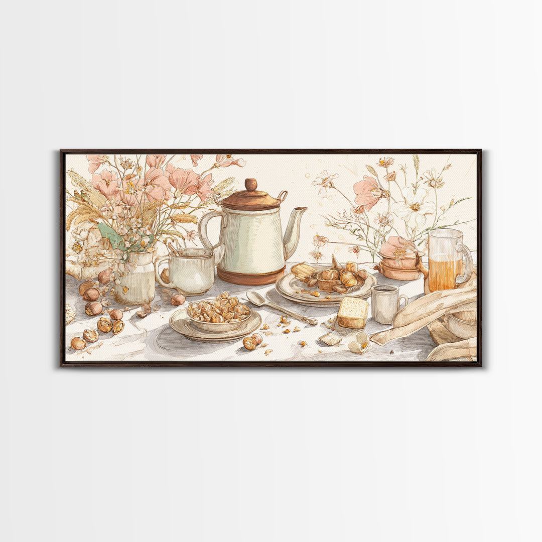 Tea Kettle with Steam and Wildflowers Canvas Print, Kitchen Art, Wall Art, Kitchen Decor, Watercolor Art, Kitchen, KIT-2x1-82