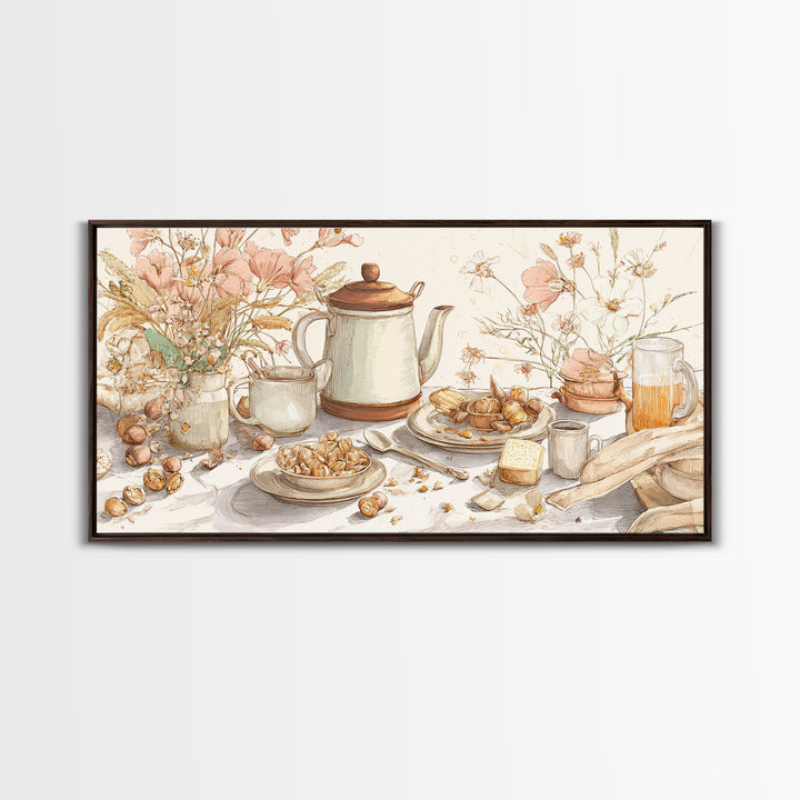 Tea Kettle with Steam and Wildflowers Canvas Print, Kitchen Art, Wall Art, Kitchen Decor, Watercolor Art, Kitchen, KIT-2x1-82