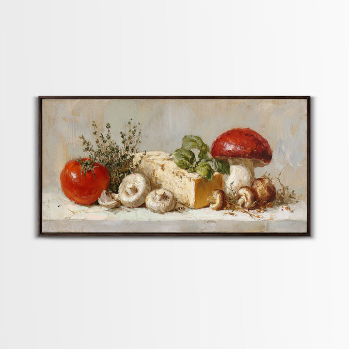 Mushrooms and Thyme Botanical Study Framed Canvas Print, Kitchen Art, Contemporary Art, Kitchen Decor, Oil Painting, Kitchen, KIT-2x1-83