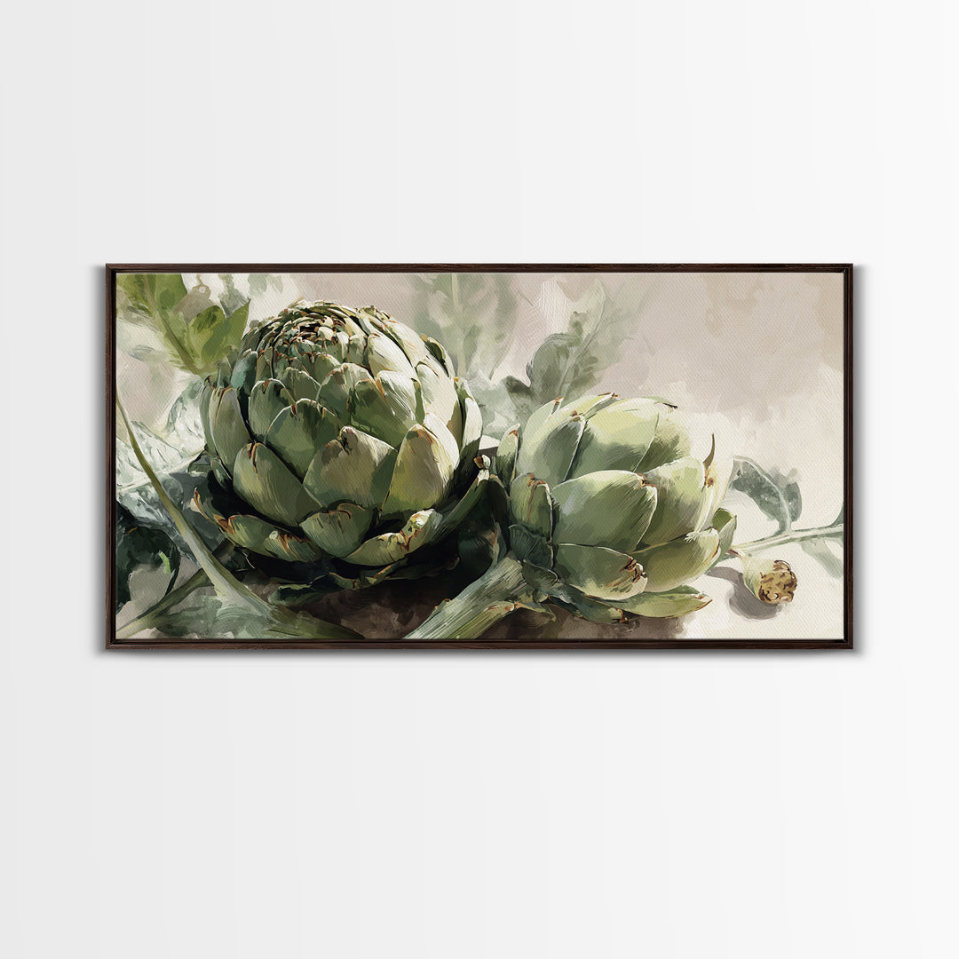 Artichoke Closeup in Painterly Green Tones Framed Canvas Print, Kitchen Art, Kitchen Wall Art, Kitchen Decor, Fine Art, Kitchen, KIT-2x1-88