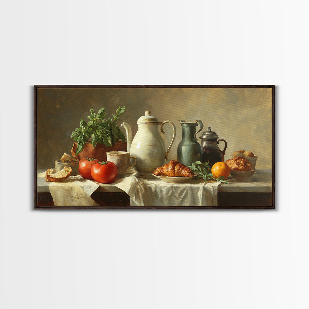 Coffee Pot and Croissant Morning Still Life Framed Canvas Print, Kitchen Art, Printable Art, Kitchen Decor, Fine Art, Kitchen, KIT-2x1-99