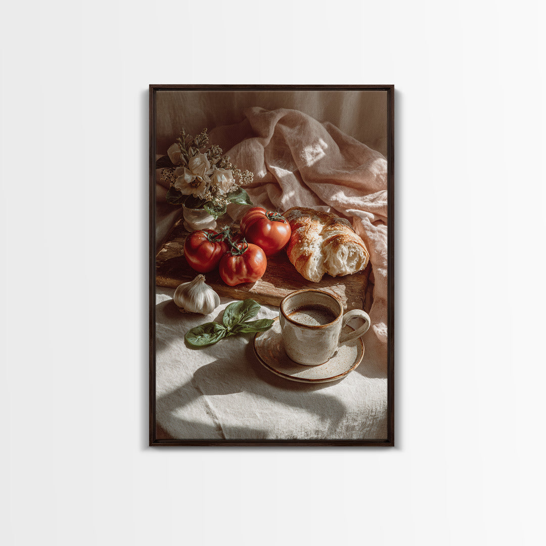 Tomatoes Garlic and Basil on Linen Canvas Print, Kitchen Art, Bar Cart Decor, Kitchen Decor, Kitchen, Minimalist Decor, KIT-2x3-11