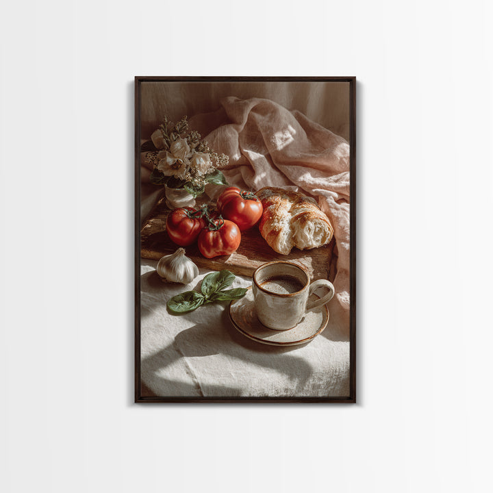 Tomatoes Garlic and Basil on Linen Canvas Print, Kitchen Art, Bar Cart Decor, Kitchen Decor, Kitchen, Minimalist Decor, KIT-2x3-11