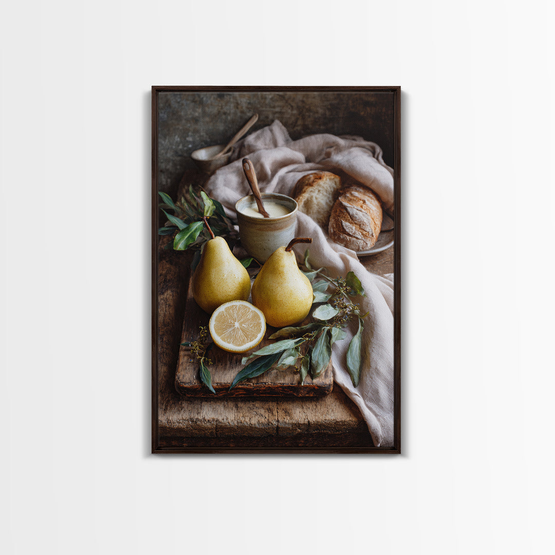Farmhouse Pears on a Wooden Board Framed Canvas Print, Kitchen Art, Wall Decor, Kitchen Decor, Abstract Art, Kitchen, KIT-2x3-17