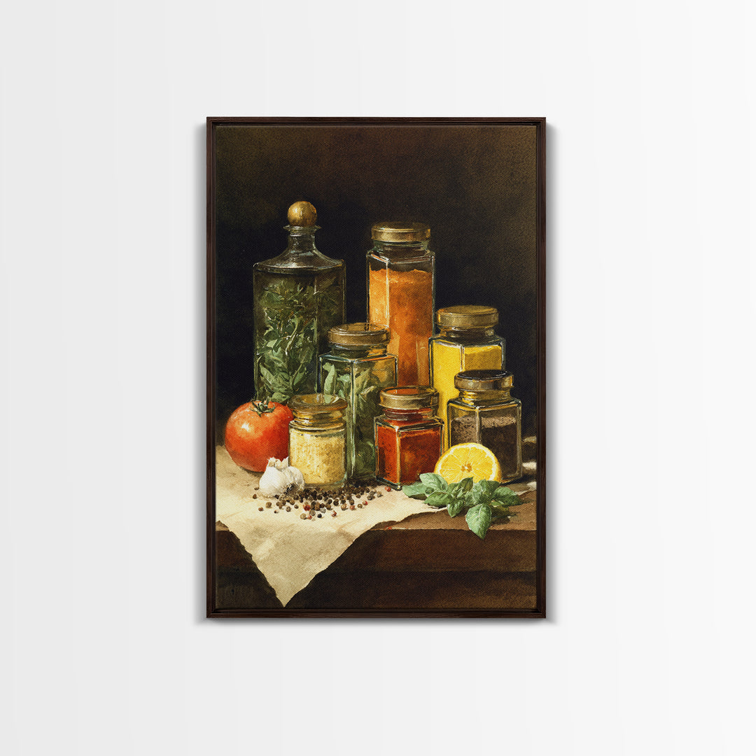 Watercolor Spice Jars Without Readable Labels Framed Canvas Print, Kitchen Art, Kitchen Decor, Oil Painting, Kitchen, KIT-2x3-21