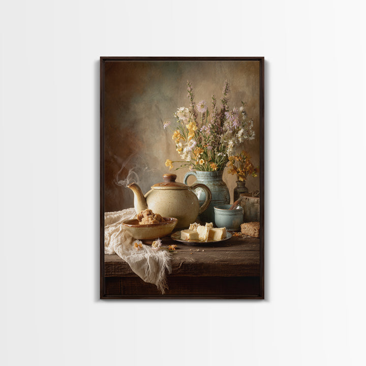 Tea Kettle with Steam and Wildflowers Framed Canvas Print, Kitchen Art, Textured Painting, Kitchen Decor, Fine Art, Kitchen, KIT-2x3-22