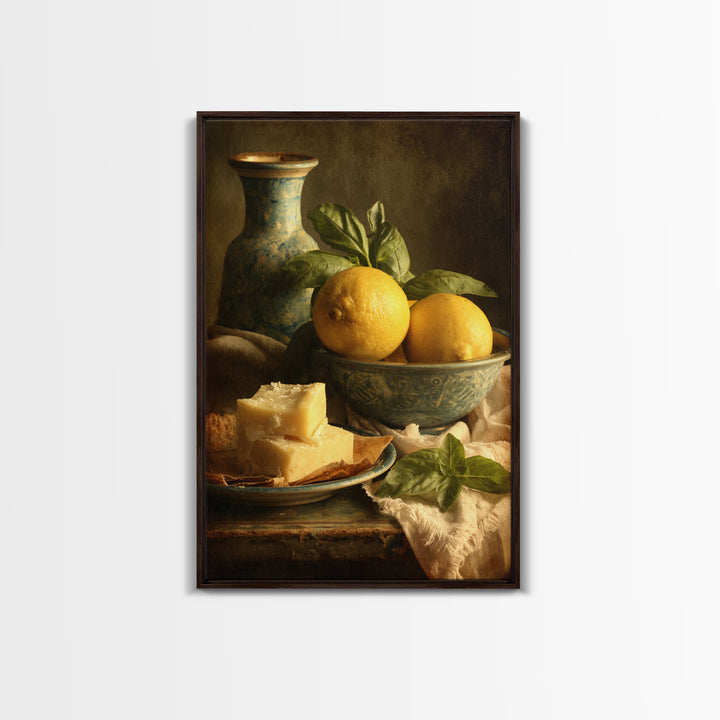 Pasta Lemons and Basil Mediterranean Still Life Framed Canvas Print, Kitchen Art, Wall Art, Kitchen Decor, Fine Art, Kitchen, KIT-2x3-25