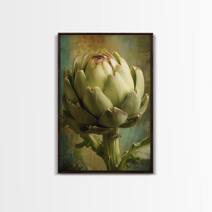 Artichoke Closeup in Painterly Green Tones Framed Canvas Print, Kitchen Art, Digital Print, Kitchen Decor, Fine Art, Kitchen, KIT-2x3-28