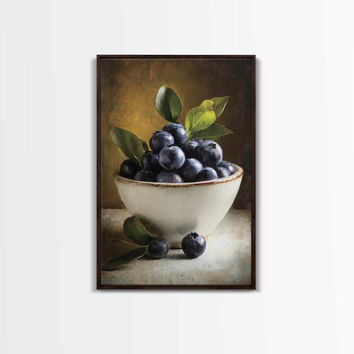 Blueberries in a White Bowl Framed Canvas Print, Kitchen Art, Coffee Print, Kitchen Decor, Fine Art, Kitchen, Textured Painting, KIT-2x3-3