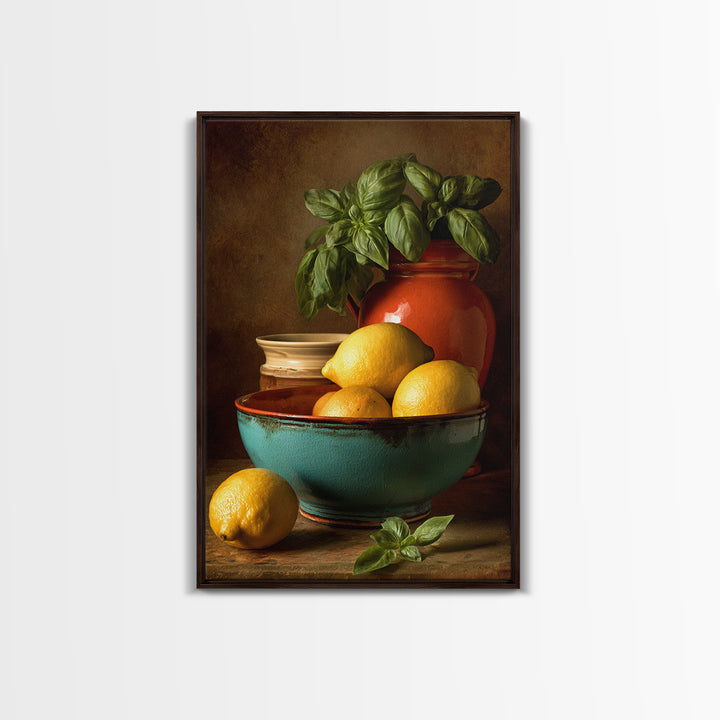 Lemons and Blue Ceramic Bowl Still Life Framed Canvas Print, Kitchen Art, Contemporary Art, Kitchen Decor, Fine Art, Kitchen, KIT-2x3-34