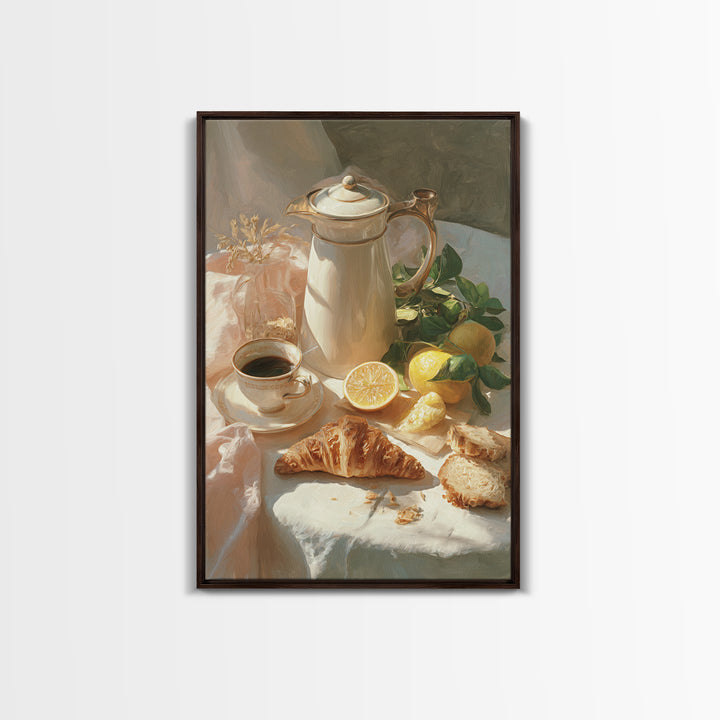 Coffee Pot and Croissant Morning Still Life Canvas Print, Kitchen Art, Minimalist Decor, Kitchen Decor, Fine Art, Kitchen, KIT-2x3-39