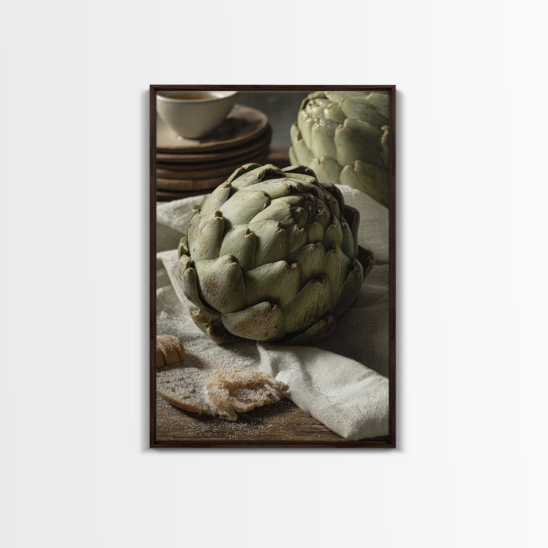 Artichoke Closeup in Painterly Green Tones Framed Canvas Print, Kitchen Art, Statement Artwork, Kitchen Decor, Kitchen, KIT-2x3-4