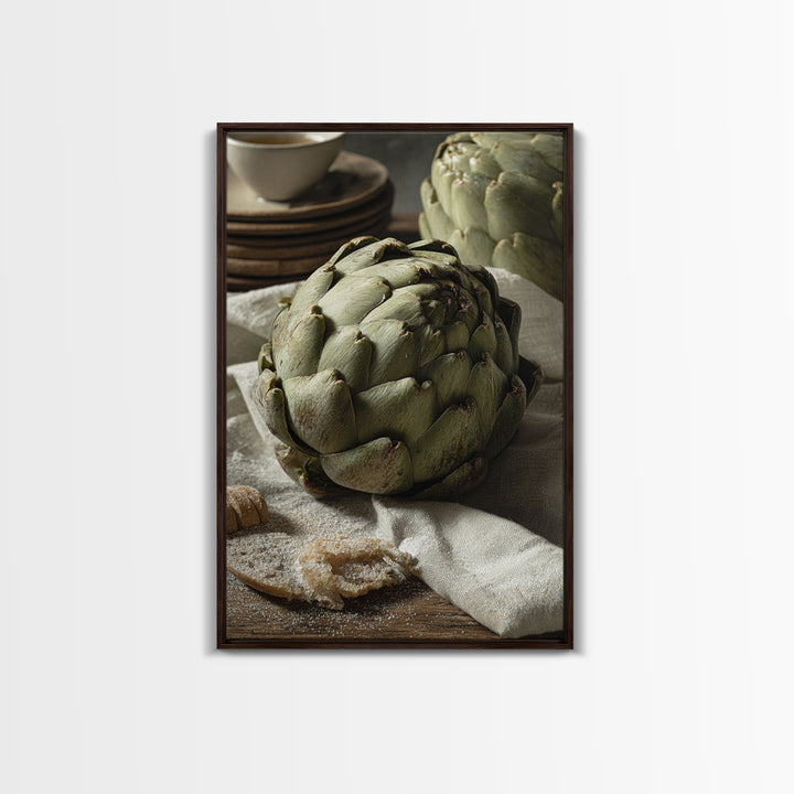 Artichoke Closeup in Painterly Green Tones Framed Canvas Print, Kitchen Art, Statement Artwork, Kitchen Decor, Kitchen, KIT-2x3-4