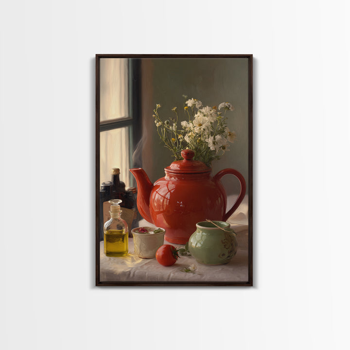 Tea Kettle with Steam and Wildflowers Framed Canvas Print, Kitchen Art, Textured Painting, Kitchen Decor, Fine Art, Kitchen, KIT-2x3-46