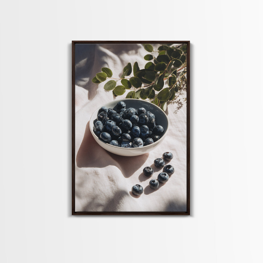 Blueberries in a White Bowl Framed Canvas Print, Kitchen Art, Room Decor, Kitchen Decor, Oil Painting, Kitchen, Digital Art, KIT-2x3-51