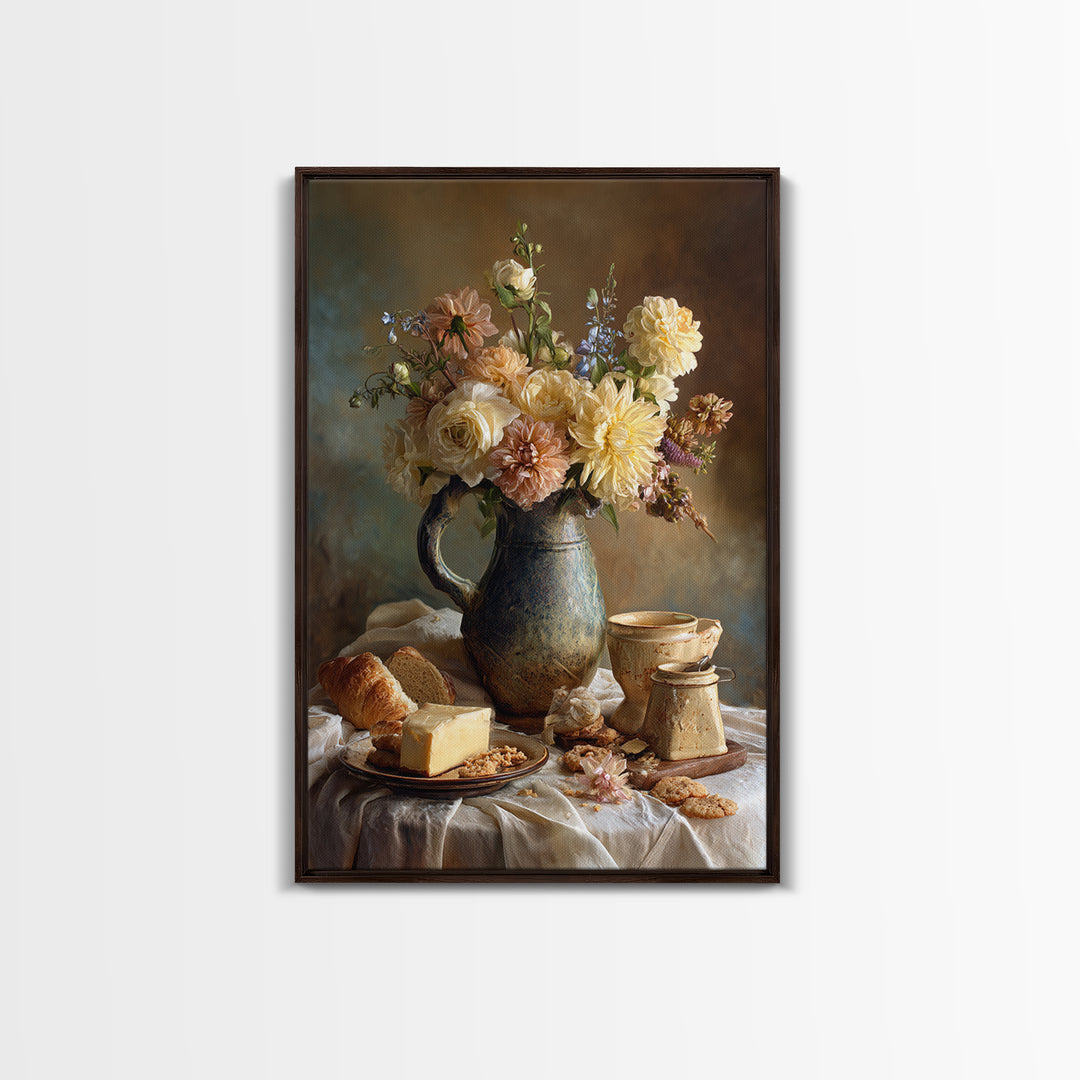 Floral Bouquet in a Kitchen Pitcher Framed Canvas Print, Kitchen Art, Neutral Decor, Kitchen Decor, Fine Art, Kitchen, KIT-2x3-56