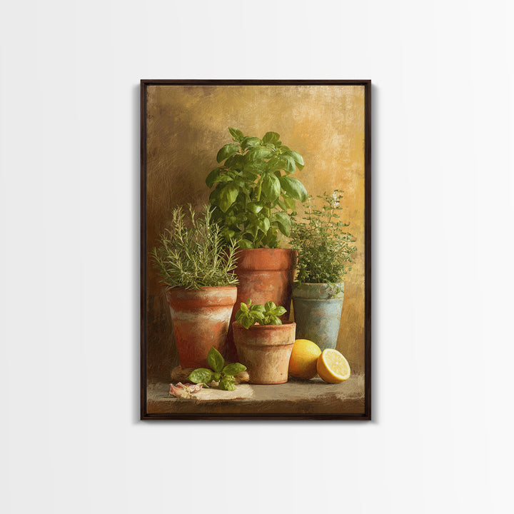 Fresh Herbs in Terracotta Pots Canvas Print, Kitchen Art, Digital Print, Kitchen Decor, Oil Painting, Kitchen, Kitchen Print, KIT-2x3-57