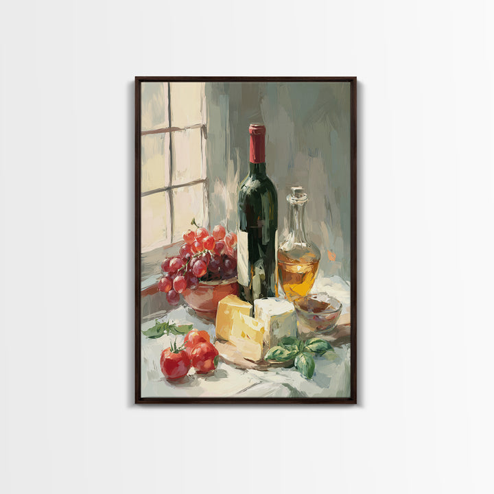 Wine Bottle Grapes and Cheese Still Life Framed Canvas Print, Kitchen Art, Digital Art, Kitchen Decor, Fine Art, Kitchen, KIT-2x3-68