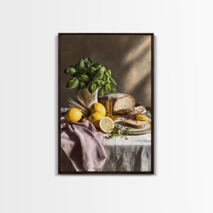 Pasta Lemons and Basil Mediterranean Still Life Framed Canvas Print, Kitchen Art, Kitchen Decor, Kitchen, Trendy Wall Art, KIT-2x3-73