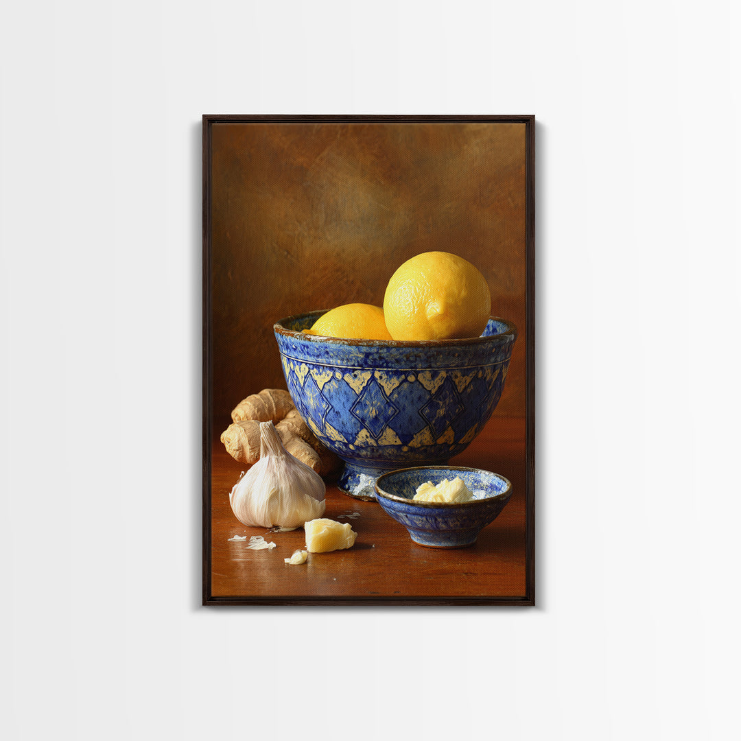Lemons and Blue Ceramic Bowl Still Life Canvas Print, Kitchen Art, Prints, Kitchen Decor, Fine Art, Kitchen, Kitchen Wall Decor, KIT-2x3-82