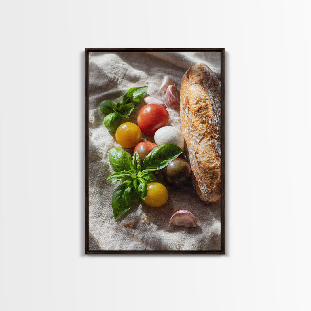Tomatoes Garlic and Basil on Linen Framed Canvas Print, Kitchen Art, Printable Art, Kitchen Decor, Fine Art, Kitchen, KIT-2x3-83