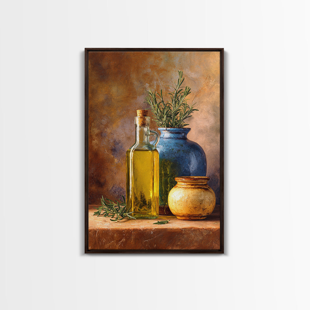 Olive Oil Bottle and Rosemary Branch Framed Canvas Print, Kitchen Art, Printable Art, Kitchen Decor, Oil Painting, Kitchen, KIT-2x3-85
