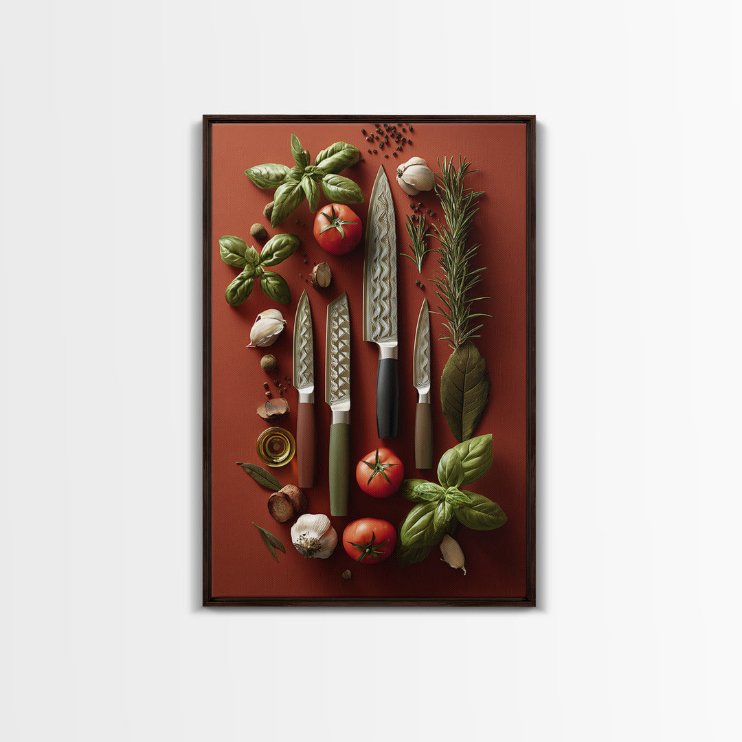 Chef Knives and Herbs Arranged as Graphic Framed Canvas Print, Kitchen Art, Art Prints, Kitchen Decor, Fine Art, Kitchen, KIT-2x3-90