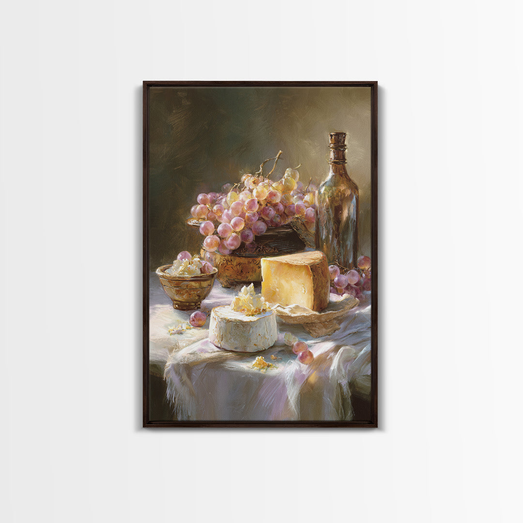 Wine Bottle Grapes and Cheese Still Life Framed Canvas Print, Kitchen Art, Gallery Decor, Kitchen Decor, Abstract Art, Kitchen, KIT-2x3-92