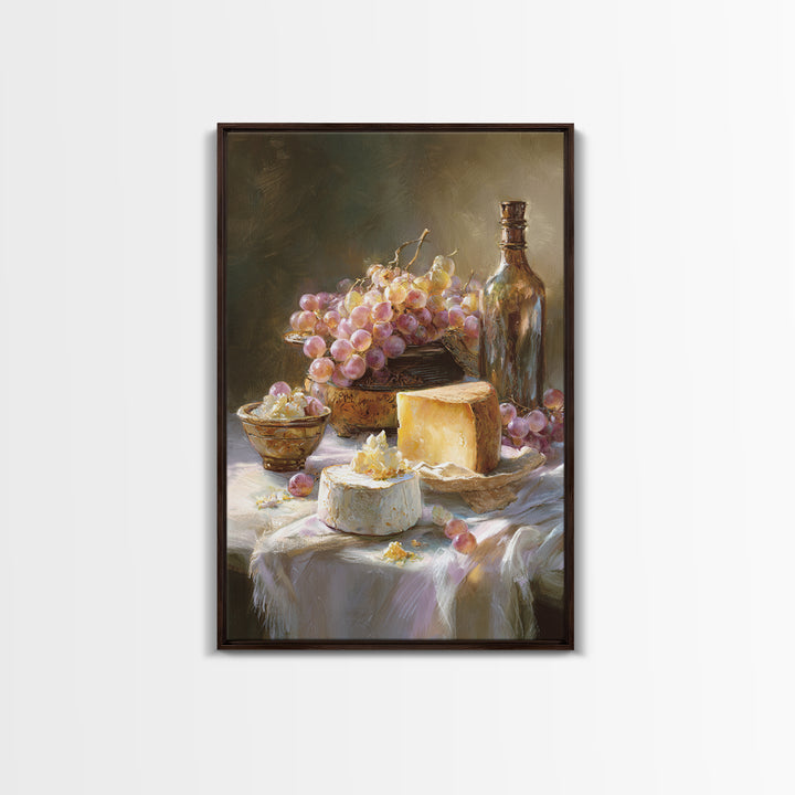 Wine Bottle Grapes and Cheese Still Life Framed Canvas Print, Kitchen Art, Gallery Decor, Kitchen Decor, Abstract Art, Kitchen, KIT-2x3-92