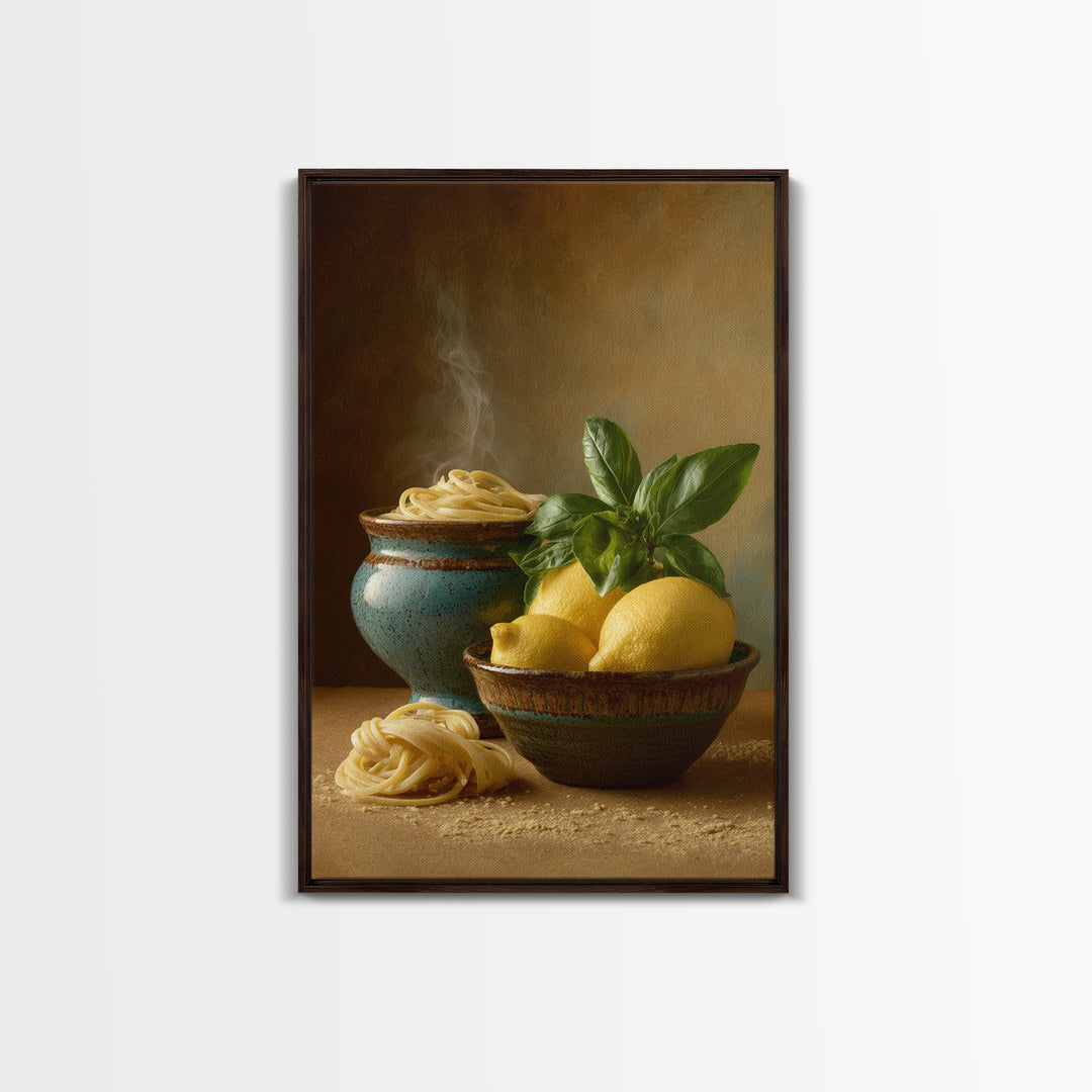Pasta Lemons and Basil Mediterranean Still Life Framed Canvas Print, Kitchen Art, Kitchen Decor, Kitchen, Trendy Wall Art, KIT-2x3-97