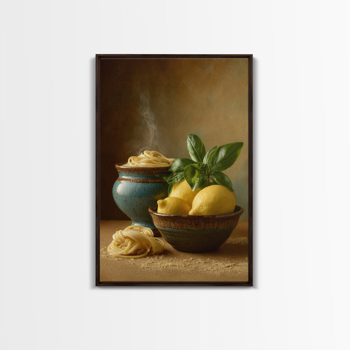 Pasta Lemons and Basil Mediterranean Still Life Framed Canvas Print, Kitchen Art, Kitchen Decor, Kitchen, Trendy Wall Art, KIT-2x3-97
