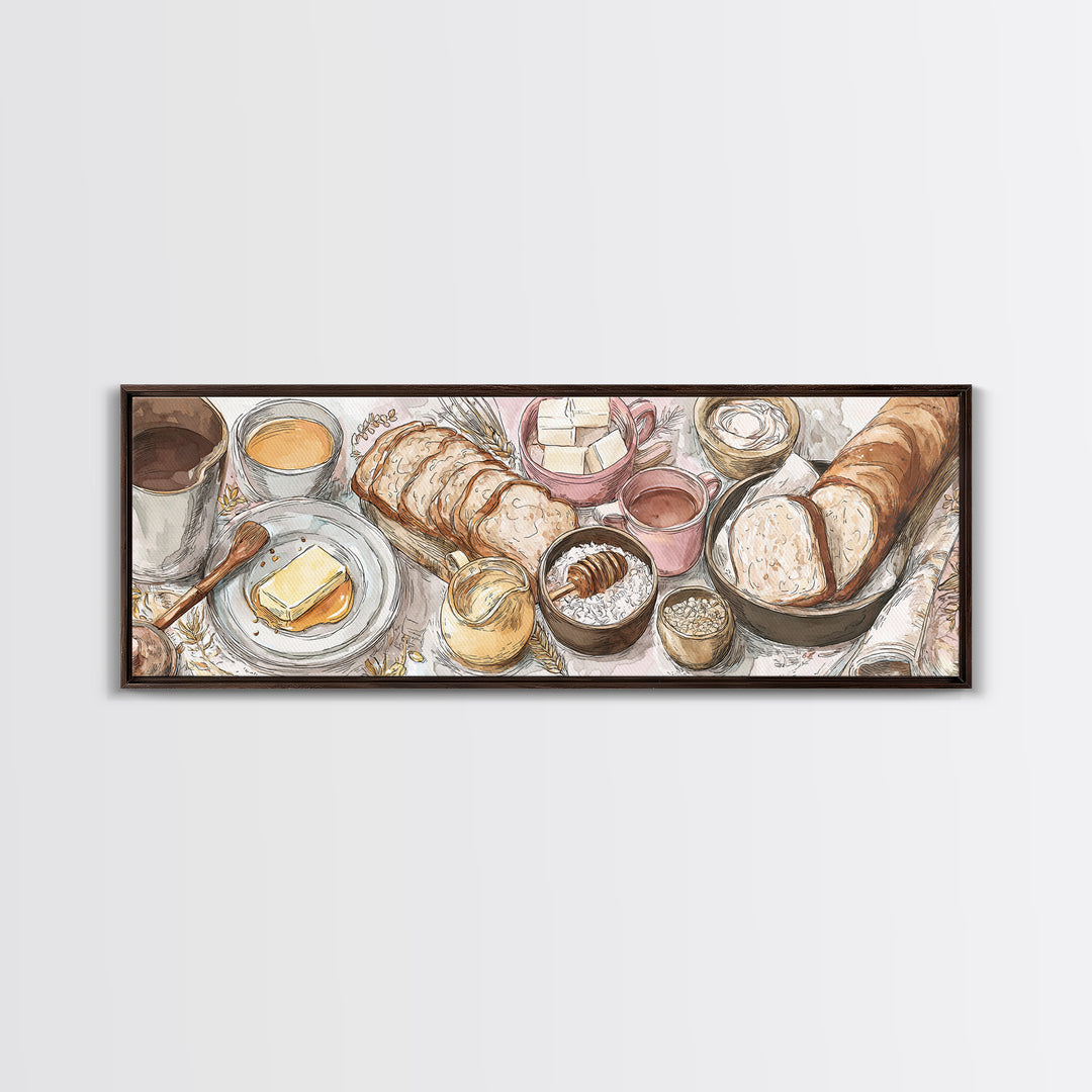 Fresh Bread with Butter and Honey Framed Canvas Print, Kitchen Art, Home Decor, Kitchen Decor, Fine Art, Kitchen, Digital Print, KIT-3x1-10
