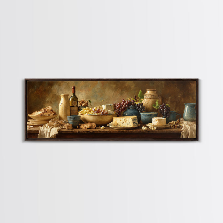 Wine Bottle Grapes and Cheese Still Life Canvas Print, Kitchen Art, Modern Decor, Kitchen Decor, Abstract Art, Kitchen, KIT-3x1-100