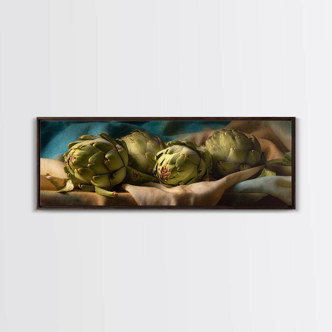 Artichoke Closeup in Painterly Green Tones Framed Canvas Print, Kitchen Art, Trendy Wall Art, Kitchen Decor, Fine Art, Kitchen, KIT-3x1-12