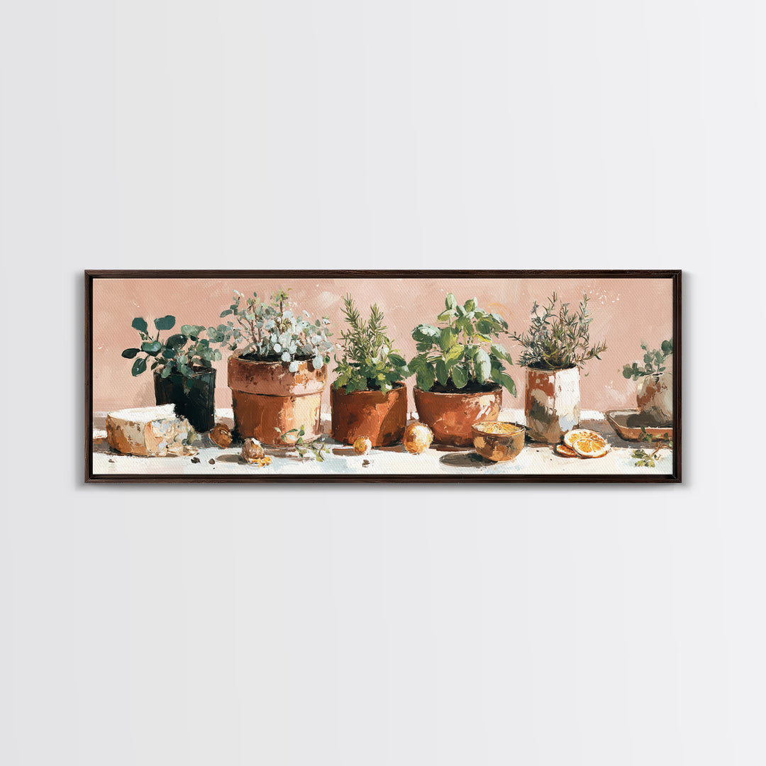 Fresh Herbs in Terracotta Pots Framed Canvas Print, Kitchen Art, Kitchen Wall Decor, Kitchen Decor, Fine Art, Kitchen, KIT-3x1-17