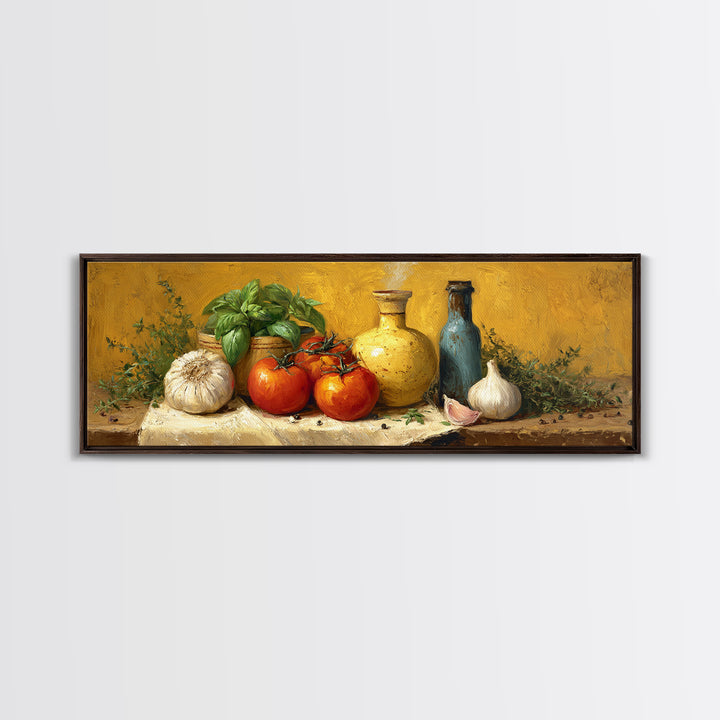 Tomatoes Garlic and Basil on Linen Canvas Print, Kitchen Art, Statement Artwork, Kitchen Decor, Abstract Art, Kitchen, KIT-3x1-19