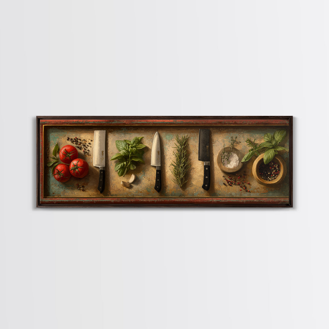 Chef Knives and Herbs Arranged as Graphic Framed Canvas Print, Kitchen Art, Prints, Kitchen Decor, Fine Art, Kitchen, KIT-3x1-2
