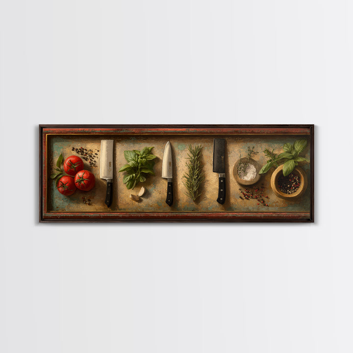 Chef Knives and Herbs Arranged as Graphic Framed Canvas Print, Kitchen Art, Prints, Kitchen Decor, Fine Art, Kitchen, KIT-3x1-2