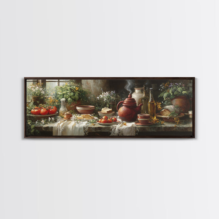 Tea Kettle with Steam and Wildflowers Canvas Print, Kitchen Art, Wall Art, Kitchen Decor, Watercolor Art, Kitchen, KIT-3x1-30