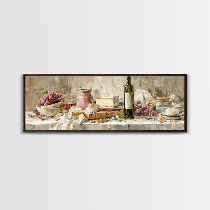 Wine Bottle Grapes and Cheese Still Life Canvas Print, Kitchen Art, Kitchen Prints, Kitchen Decor, Watercolor Art, Kitchen, KIT-3x1-4