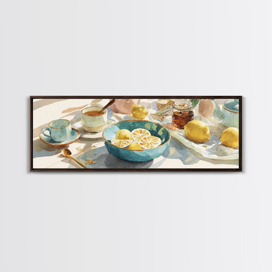 Lemons and Blue Ceramic Bowl Still Life Canvas Print, Kitchen Art, Printable Art, Kitchen Decor, Kitchen, Coffee Wall Art, KIT-3x1-42