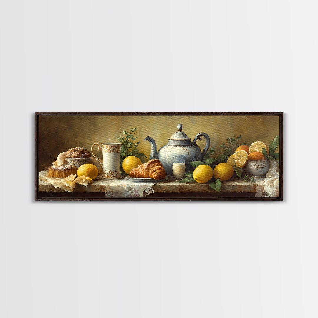 Coffee Pot and Croissant Morning Still Life Framed Canvas Print, Kitchen Art, Kitchen, Kitchen Decor, Oil Painting, Kitchen, KIT-3x1-47
